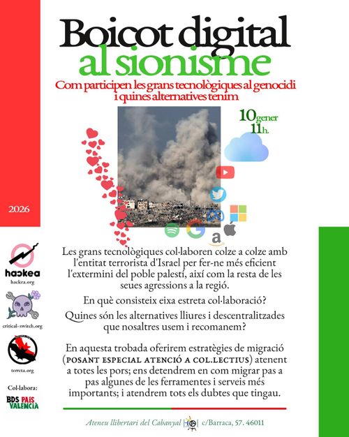 Cartel de un taller en València con el título &ldquo;Boicot digital al sionismo: cómo participan las grandes tecnológicas al genocidio y cuáles son las alternativas&rdquo; en el Ateneu Llibertari del Cabanyal el 10 de enero
