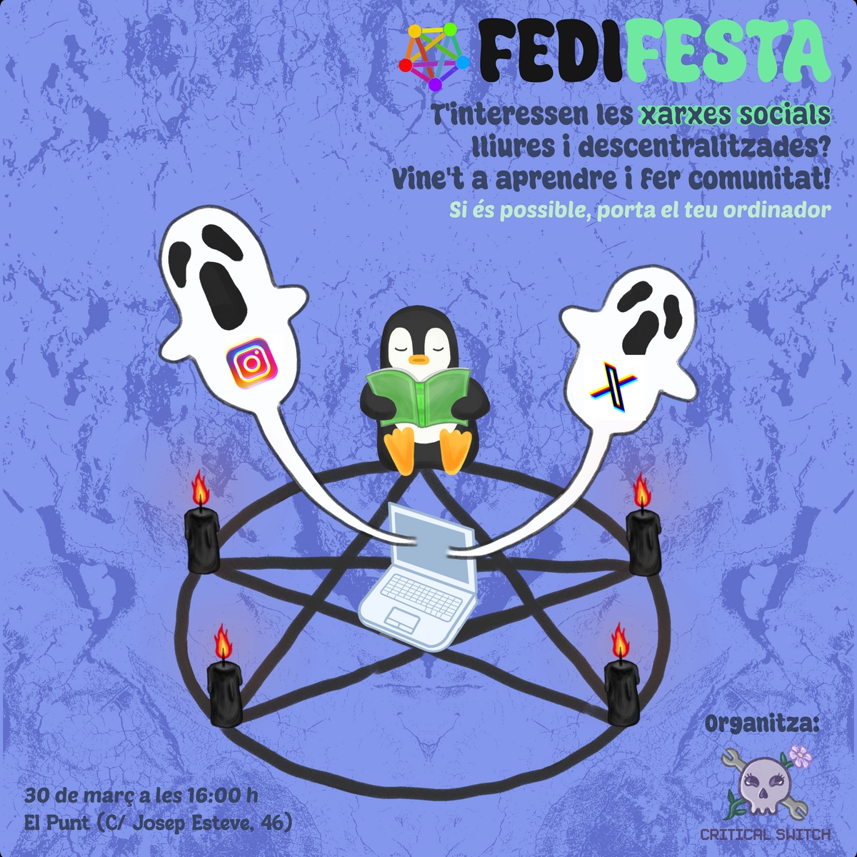 Cartel de la fedifiesta de València del 30 de marzo en El Punt. En el cartel dice “¿te interesan las redes sociales libres y descentralizadas? ¡Ven a aprender y hacer comunidad!