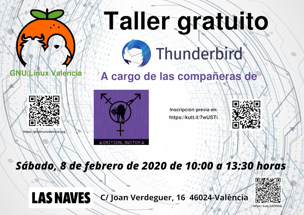 Cartel del taller de Thunderbird, un gestor de correos electrónicos. Organitzado por GNU/Linux València en Las Naves.
