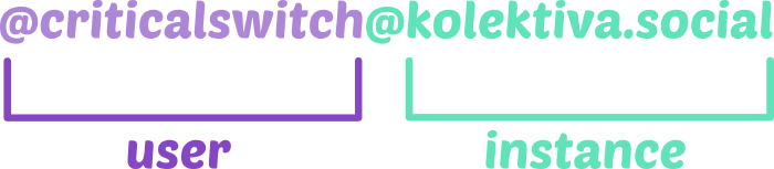 @criticalswitch@kolektiva.social - the part of @criticalswitch corresponds to the user name itself, and the part of @kolektiva.social corresponds to the name of the instance where the user has created their account